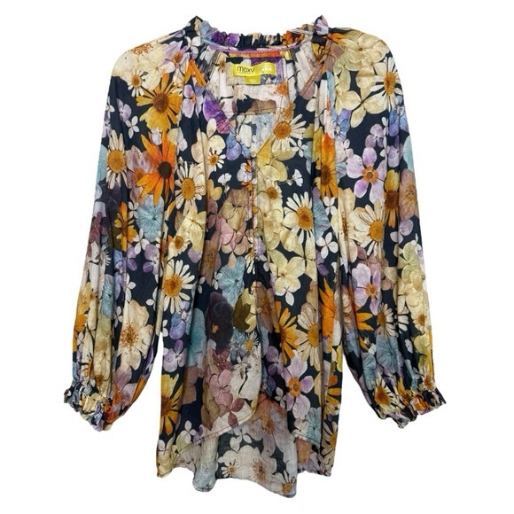 ANTHROPOLOGIE X MOXY COLLECTIVE Floral Linen Blouse Size Small Boho Peasant - Picture 2 of 10
